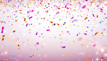 Colorful confetti and ribbons of bokeh falling on a blurred background for a celebration.