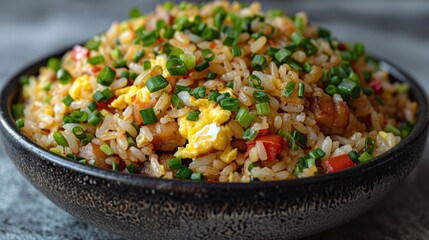 Delicious fried rice with egg, vegetables, and herbs in a bowl.