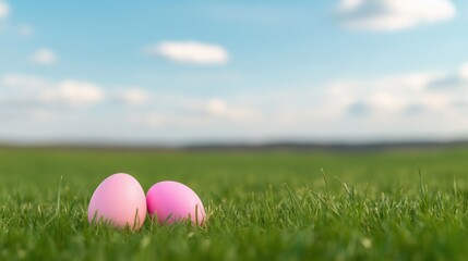 Fototapeta premium Colorful Easter Eggs Hidden in Lush Green Grassy Meadow Under Bright Sky for Spring Festive Celebration and Holiday Decoration