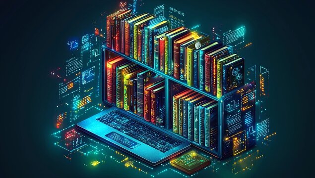 Technology-based learning with digital literacy training resources such as colorful books and tablets. This symbolizes education, knowledge, and technology in today's learning environment