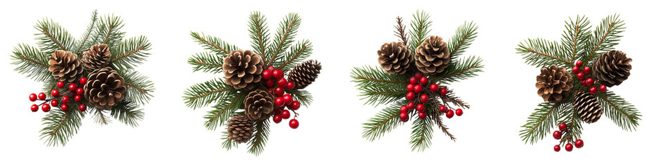 Four different types of pine cones with berries are arranged in a row