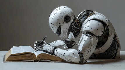 Fototapeta premium A robotic arm adeptly stacks a book with others, symbolizing strides in educational technology and knowledge management