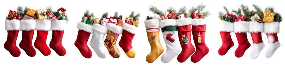 A row of stockings with a variety of decorations and gifts
