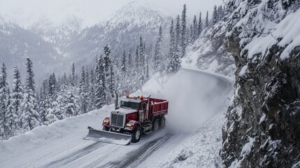 Snowy Mountain Road with Red Snow Plow Truck in Winter Scene