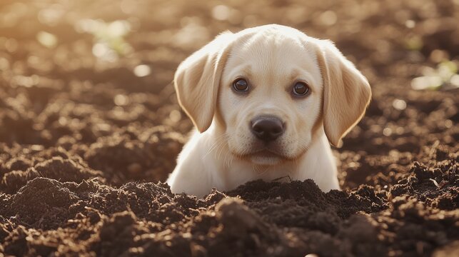 Puppy Digging in a Garden Patch of Dirt