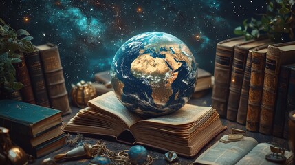 Glowing Earth encircled by drifting books in space, symbolizing worldwide knowledge and learning