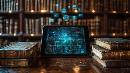 A rustic wooden table holds a tablet showing education-related icons, amidst floating books and glowing library shelves, inside a dimly lit wooden space, representing the idea of technology and