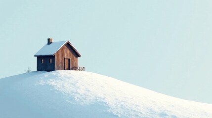 Serene Winter Cabin on a Snow-Covered Hilltop, a Peaceful and Tranquil Scene of Solitude