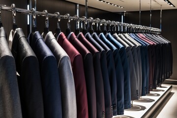 Display of diverse suits in a modern retail store showcasing various styles