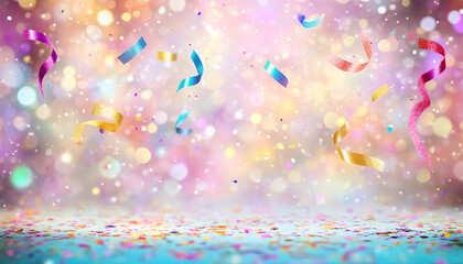 Colorful confetti and ribbons of bokeh falling on a blurred background for a celebration.