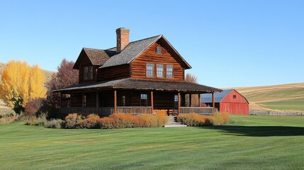 Obraz premium A rustic wooden house with a porch, surrounded by green grass and a red barn in the background.