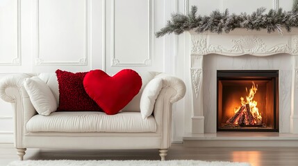 Red heart pillow on a white couch, love and valentine's day photography in a white room next to a fireplace
