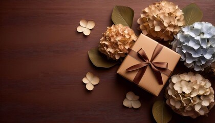 Fototapeta premium hydrangeas and gift as a template card for birthday, march 8 and mother's day