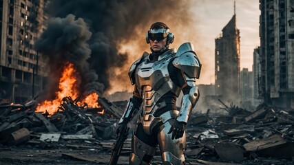 Naklejka premium Futuristic soldier stands in ruined urban landscape with smoke and flames
