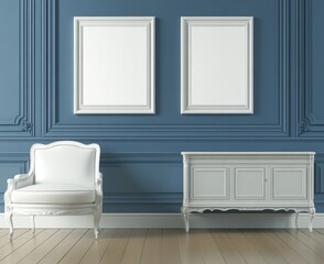 Fototapeta premium Elegant White Interior with Blue Walls and Ornate Furniture