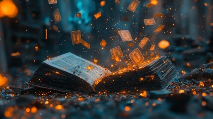 Naklejka premium Enlightening literary event with an imaginative library book display, capturing a cozy atmosphere in a close-up view, as knowledge is explored through visual storytelling