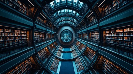 Obraz premium Accessibility enhanced by virtual reality, an aerial overview of an extensive library crammed with bookshelves, featuring rows of colorful books in a modern architectural design