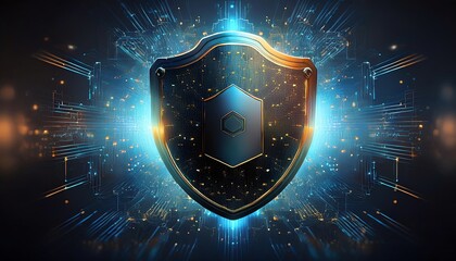 Fototapeta premium A futuristic shield glows amidst digital elements, symbolizing cybersecurity and protection in a technological realm.