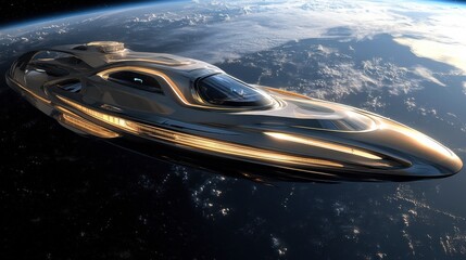 A sleek space tourism vessel orbiting Earth, offering breathtaking views of the planet