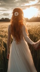 Romantic Couple Walking in Sunset Wheat Field