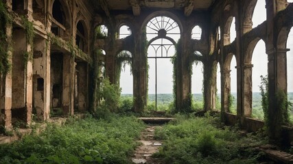 Fototapeta premium Abandoned building overtaken by nature in a rural landscape during daylight hours