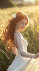 Redhead bride in flowing dress in a field