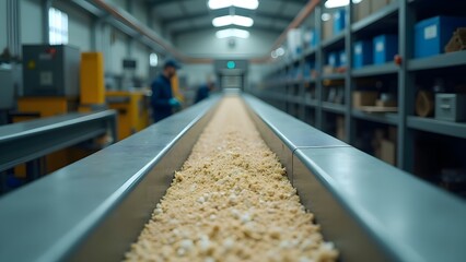 Industrial Conveyor Belt Carrying Light Brown Granules Factory Setting