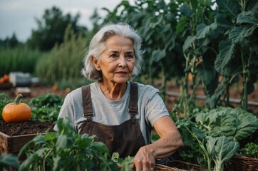 Elderly woman tending to vegetable garden during afternoon in rural area