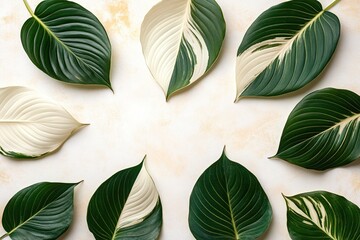 Fototapeta premium Green and Cream Leaves Arranged in a Circular Pattern on a Light Background
