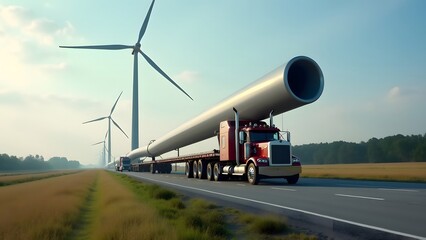 Long Wind Turbine Blade Transport Truck Rural Roadside Scene