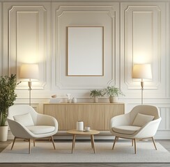 Modern Living Room Interior with Beige Armchairs and Wooden Cabinet