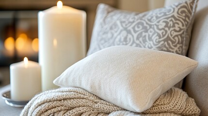 Cozy cream pillow on knit throw near candles.