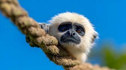 White monkey with dark face clinging to a rope against blue sky.
