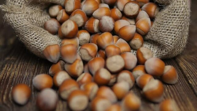 Hazelnuts close-up. Nuts in the shell fall and roll. Product for sweet desserts.