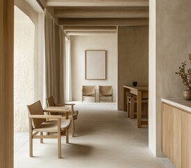 Fototapeta premium Minimalist Modern Interior Design with Wooden Furniture and Neutral Tones