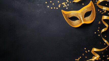 Gold glitter masquerade mask with ribbon and confetti on a black textured background. Festive and party celebration concept with copy space