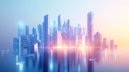 Fototapeta premium Futuristic cityscape reflected in calm water at dawn.