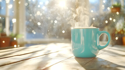 Fototapeta premium Steaming hot beverage in blue mug on wooden table by sunny window.