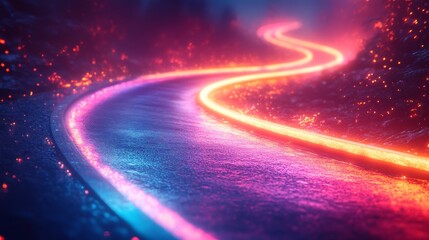 Glowing neon path winding through dark fantasy forest.