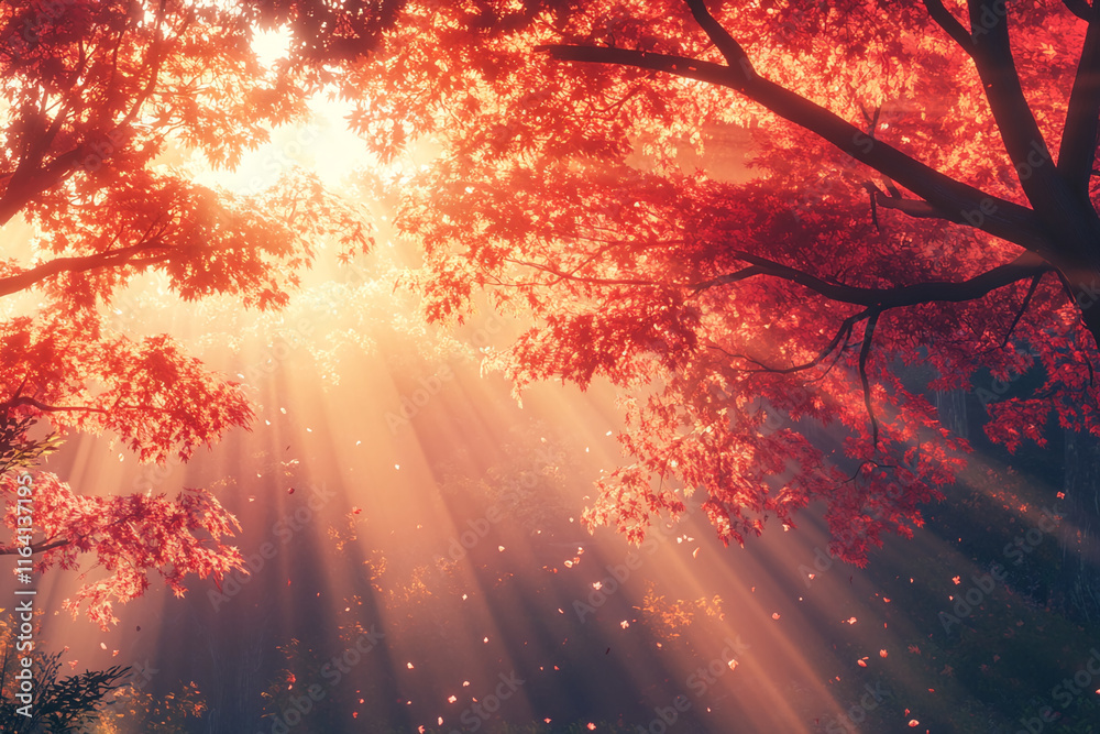 Poster sunlight streaming through vibrant red maple leaves in a serene autumn forest