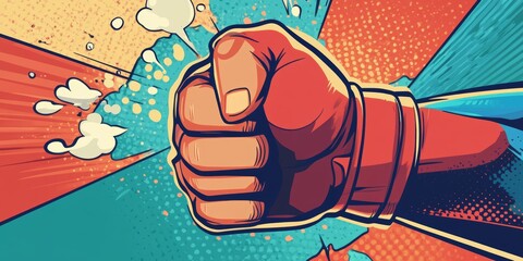 Powerful Fist Punching Through Comic Book Background