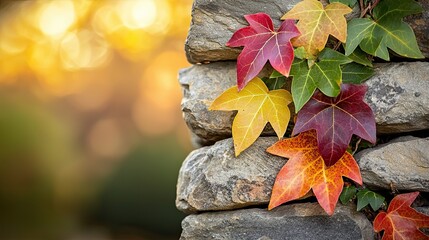 Obraz premium Historic Villages and Scenic Trails in the English Countryside, a macro photography close-up of colorful ivy leaves climbing a stone wall, illuminated softly by warm sunlight
