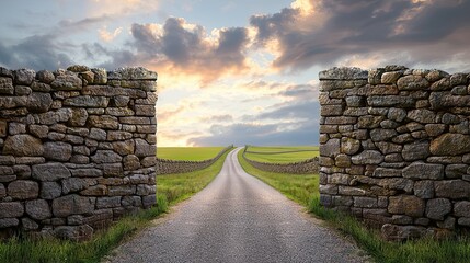 Iconic Landmarks like Stone Walls and Winding Roads in Rural Britain, a realistic photo of a winding country road flanked by ancient stone walls, stretching towards the horizon under a dramatic.