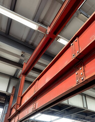 Fototapeta premium Industrial Steel Beams: Robust red steel beams in a warehouse or factory setting, showcasing strength and industrial architecture. 
