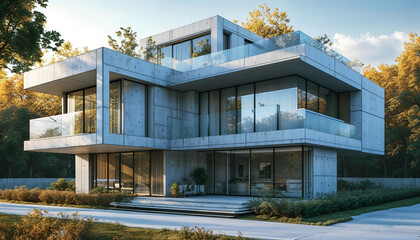 Modern Concrete Home: A stunning architectural rendering of a contemporary concrete home with expansive windows, showcasing clean lines, and a minimalist aesthetic.