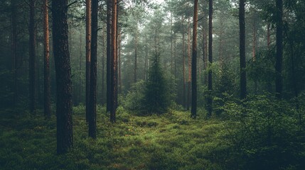 Obraz premium Tranquil Forest Scene with Tall Pine Trees and Lush Green Underbrush in Fog