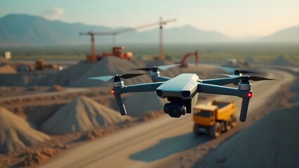 Drone Aerial View Construction Site Dusty Landscape Sunset