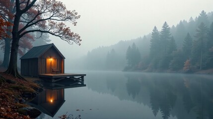 Fototapeta premium Serene lakeside cabin nestled amongst autumnal trees, shrouded in mystical morning mist, reflecting tranquil water.
