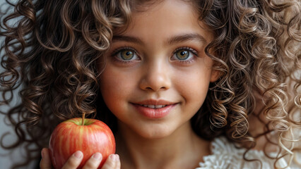 Charming mulatto girl with an apple.