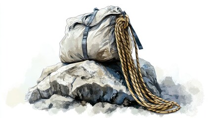 Obraz premium Rustic canvas sack atop rocks with rope.